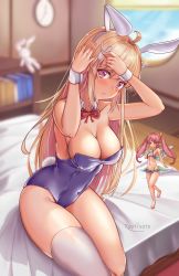 Rule 34 | 2girls, :3, adjusting hair ornament, ahoge, animal ears, artist name, bare shoulders, barefoot, blonde hair, blurry, blurry background, blush, bow, bowtie, breasts, cleavage, clock, collarbone, cosplay, day, detached collar, erina (rabi-ribi), erina (rabi-ribi) (cosplay), fairy, fairy wings, fake animal ears, groin, hair ornament, hair ribbon, hairband, hairclip, hand to own mouth, hands up, highres, kaptivate, large breasts, leotard, long hair, looking at viewer, mini person, minigirl, multiple girls, navel, on bed, pink hair, playboy bunny, pointy ears, purple leotard, rabbit ears, rabbit tail, rabi-ribi, red eyes, red neckwear, ribbon, ribbon (rabi-ribi), rumi (rabi ribi), single thighhigh, sitting, small breasts, smile, stuffed animal, stuffed rabbit, stuffed toy, tail, thighhighs, twintails, very long hair, white hairband, white legwear, wings, wrist cuffs, yellow ribbon