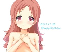 Rule 34 | 1girl, 2019, blush, breasts, cleavage, closed mouth, collarbone, covering privates, covering breasts, dated, gochuumon wa usagi desu ka?, happy birthday, long hair, looking at viewer, natsu megumi, nude, parted bangs, red eyes, red hair, small breasts, smile, solo, straight hair, tsuchinokokyumu, upper body