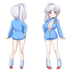 Rule 34 | blush, braid, breasts, character sheet, dct-tan, highres, jacket, large breasts, leg warmers, non-web source, open clothes, open jacket, original, red eyes, side ponytail, simple background, smile, socks, striped clothes, striped socks, track jacket, twin braids, white background, white hair