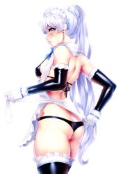 Rule 34 | 1girl, apron, artist name, ass, bikini, blue eyes, breasts, cowboy shot, detached sleeves, ear piercing, gloves, highres, looking at viewer, maid, maid apron, maid bikini, maid headdress, medium breasts, phloxberry, piercing, ponytail, rwby, scar, scar across eye, simple background, solo, swimsuit, thighhighs, unconventional maid, watermark, weiss schnee, white background