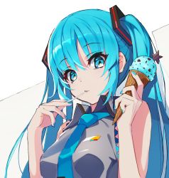 Rule 34 | 1girl, aqua eyes, aqua hair, aqua nails, aqua necktie, bare shoulders, breasts, candy, commentary, food, food in mouth, fumi t204, grey shirt, hair ornament, hands up, hatsune miku, holding, holding candy, holding food, holding lollipop, ice cream cone, lollipop, long hair, looking at viewer, mint chocolate, mint chocolate chip, nail polish, necktie, shirt, sleeveless, sleeveless shirt, small breasts, solo, star (symbol), twintails, very long hair, vocaloid