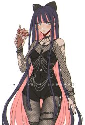 Rule 34 | 1girl, alternate costume, black bow, black nails, black shorts, blunt bangs, blush, bow, breasts, criis-chan, earrings, fishnet pantyhose, fishnets, food, hair bow, holding, holding food, jewelry, long hair, looking at viewer, medium breasts, multicolored hair, nail polish, panty &amp; stocking with garterbelt, pantyhose, shorts, simple background, solo, stocking (psg), torn clothes, twitter username, two-tone hair, white background