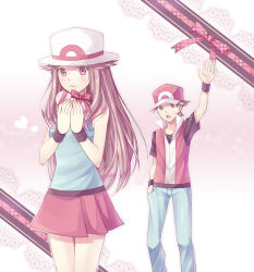 Rule 34 | 1boy, 1girl, arm up, blue shirt, box, brown eyes, brown hair, closed mouth, commentary request, creatures (company), game freak, gift, gift box, hat, heart, heart-shaped box, hetero, holding, holding gift, leaf (pokemon), long hair, nintendo, pants, pleated skirt, pokemon, pokemon frlg, red (pokemon), red headwear, red skirt, scbstella, shirt, short sleeves, sidelocks, skirt, sleeveless, sleeveless jacket, sleeveless shirt, t-shirt, white headwear, wristband