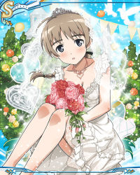 Rule 34 | 1girl, ahoge, artist request, blush, bouquet, breasts, brown hair, cleavage, dutch angle, flower, holding, holding bouquet, looking at viewer, lynette bishop, official art, outdoors, solo, strike witches, tiara, world witches series