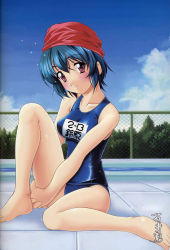 Rule 34 | 00s, 1girl, barefoot, blue hair, blush, chain-link fence, cloud, day, feet, fence, hair between eyes, head tilt, hugging own legs, ishii akira, looking at viewer, maple colors, name tag, one-piece swimsuit, outdoors, own hands clasped, own hands together, pool, poolside, purple eyes, scan, school swimsuit, shiny clothes, short hair, signature, sitting, sky, smile, solo, suzuhara sora, swim cap, swimsuit, tile floor, tiles, tree, water