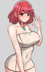 Rule 34 | 1girl, absurdres, breasts, chest jewel, desspie, gem, highres, large breasts, naked towel, pyra (xenoblade), red eyes, red hair, short hair, simple background, solo, swept bangs, towel, xenoblade chronicles (series), xenoblade chronicles 2