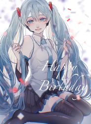 Rule 34 | 1girl, absurdres, bare shoulders, black skirt, black sleeves, black thighhighs, blue eyes, blue hair, blue nails, blue necktie, blurry, blurry background, breasts, chromatic aberration, collared shirt, commentary, detached sleeves, eyebrows hidden by hair, hair between eyes, hands up, happy birthday, hatsune miku, highres, holding, holding own hair, lips, long hair, looking at viewer, medium breasts, nail polish, necktie, nose, pleated skirt, shirt, sitting, skirt, sleeveless, sleeveless shirt, slit pupils, smile, solo, thighhighs, thighs, tie clip, tsubame-shi (tubame), twintails, vocaloid, wariza, white background, white shirt, wide sleeves, zettai ryouiki