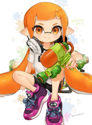 Rule 34 | 1girl, bike shorts, blunt bangs, blush, closed mouth, commentary request, copyright name, eyelashes, headphones, highres, holding, inkling, inkling girl, inkling player character, looking at viewer, nintendo, pointy ears, purple footwear, shirt, shoes, short sleeves, sitting, smile, sneakers, solo, splatoon (series), spread legs, t-shirt, twitter username, ume (plumblossom), white shirt