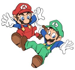 Rule 34 | 2boys, alternate color, blue eyes, brothers, brown hair, facial hair, falling, flat color, floating, full body, gloves, green overalls, highres, luigi, male focus, mario, mario (series), multiple boys, mustache, nintendo, no shadow, overalls, red overalls, shoes, siblings, suedoodle, super mario bros. 3, transparent background