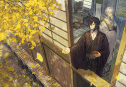 Rule 34 | 10s, 2boys, alcohol, alternate costume, autumn, bad id, bad pixiv id, black hair, calligraphy, candle, candlestand, chair, covered mouth, covering own mouth, cup, desk, drawer, falling leaves, folding fan, from above, from outside, ginkgo tree, grey eyes, hair between eyes, hair ornament, hand fan, holding, holding fan, holding leaf, indoors, japanese clothes, kimono, leaf, light smile, lily fairy, long sleeves, looking at another, looking away, male focus, messy room, mikazuki munechika, motion blur, multiple boys, obi, painting (object), pavement, sakazuki, sake, sash, shade, smile, standing, touken ranbu, tsurumaru kuninaga, white hair, wide sleeves, window, window blinds, window shutter, wooden floor, wooden wall