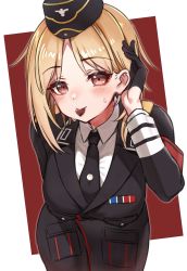 Rule 34 | 1girl, absurdres, armband, black gloves, black hat, black jacket, black necktie, blonde hair, candy, chocolate, chocolate heart, collared shirt, food, food in mouth, garrison cap, girls&#039; frontline, gloves, half gloves, hat, heart, highres, jacket, long sleeves, looking at viewer, military jacket, mouth hold, mp40 (girls&#039; frontline), necktie, shirt, short hair, solo, sweat, toryu fufu, wehrmacht, white shirt, yellow eyes