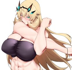 Rule 34 | 1girl, abs, arind yudha, bare arms, barghest (fate), blonde hair, blush, bracelet, breasts, closed mouth, collarbone, crop top, diamond (shape), fate/grand order, fate (series), green eyes, headpiece, heterochromia, highres, huge breasts, jewelry, long hair, looking at viewer, muscular, muscular female, navel, orange eyes, sidelocks, simple background, solo, stretching, upper body, white background