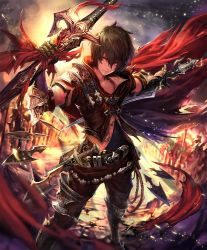 Rule 34 | 10s, 1boy, albert (shingeki no bahamut), armor, armored boots, army, artist request, belt, boots, brown eyes, brown hair, cape, cygames, dual wielding, elbow gloves, gloves, holding, holding sword, holding weapon, knife, official art, scabbard, shadowverse, sheath, shingeki no bahamut, smirk, soldier, sword, torn cape, torn clothes, vest, weapon