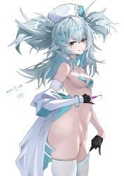 Rule 34 | 1girl, absurdres, aqua choker, aqua eyes, aqua hair, asymmetrical clothes, bangle, black gloves, blush, bracelet, breasts, character request, cleft of venus, closed mouth, covered erect nipples, cowboy shot, dated, elbow gloves, from side, girls&#039; frontline, girls&#039; frontline neural cloud, gloves, hair ornament, hairclip, hat, highres, holding, holding syringe, jewelry, long sleeves, looking at viewer, looking to the side, medium breasts, mr-mc, navel, nude, nurse cap, off shoulder, open clothes, pa-15 (girls&#039; frontline), pasties, pussy, signature, single elbow glove, smile, solo, syringe, thighhighs, two side up, uncensored, white thighhighs