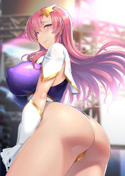 Rule 34 | 1girl, ass, blue eyes, blush, breasts, closed mouth, covered erect nipples, elbow gloves, gloves, gundam, gundam seed, gundam seed destiny, hair ornament, hassen (8cm), highres, large breasts, long hair, looking at viewer, meer campbell, pink hair, smile, solo, star (symbol), star hair ornament, thighs, white gloves