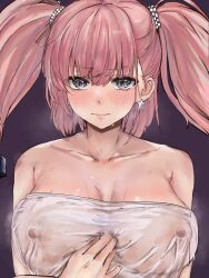 Rule 34 | 1girl, ahshi (yingchuan songshu), atlanta (kancolle), blush, breasts, breasts apart, brown hair, closed mouth, collarbone, commentary, earrings, grey eyes, hair between eyes, jewelry, kantai collection, large breasts, long hair, looking at viewer, naked towel, see-through, simple background, single earring, solo, star (symbol), star earrings, towel, two side up, upper body, wet, wet towel
