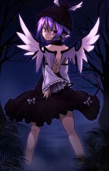 Rule 34 | 1girl, adapted costume, animal ears, ayagi daifuku, back, backless dress, backless outfit, bare back, bare shoulders, bow, detached sleeves, dress, female focus, fingernails, from behind, hat, long fingernails, looking back, mystia lorelei, nail, night, outdoors, purple eyes, purple hair, short hair, smile, solo, touhou, wading, water, wings