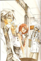 Rule 34 | 1girl, 2boys, angry, annoyed, asuka r. kreutz, arc system works, aria (guilty gear), artbook, blue eyes, cigarette, clipboard, collared shirt, doctor, guilty gear, happy, hospital, ishiwatari daisuke, justice (guilty gear), lab coat, medical, multiple boys, necktie, official art, one eye closed, red hair, scan, shirt, short hair, sleeveless, smile, smoking, sol badguy, white hair, wink
