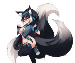 Rule 34 | 1girl, animal ear fluff, animal ears, between breasts, black gloves, black hair, black thighhighs, blue footwear, blue necktie, borrowed character, bottomless, breasts, closed mouth, commission, fingerless gloves, fox ears, fox tail, gloves, hairband, highres, large breasts, large tail, long hair, looking at viewer, naked shirt, navel, necktie, necktie between breasts, orange eyes, original, ponytail, shirt, shoes, short sleeves, simple background, smile, sneakers, solo, standing, standing on one leg, sub-res, tail, thighhighs, white background
