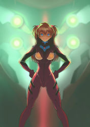 Rule 34 | 1girl, absurdres, ahugan sugita, blue eyes, bodysuit, breasts, brown hair, cowboy shot, curvy, eva 02, hair ornament, hands on own hips, highres, legs apart, long hair, looking to the side, mecha, medium breasts, neon genesis evangelion, neon lights, plugsuit, red bodysuit, robot, shiny clothes, solo, souryuu asuka langley, standing, thigh gap, two side up, very long hair, wide hips
