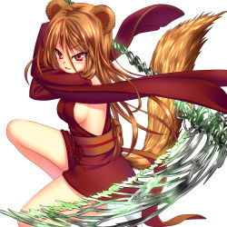 Rule 34 | 1girl, animal ears, blush, breasts, brown hair, long hair, nazu-na, red eyes, scythe, sideboob, simple background, smile, solo, tail, white background