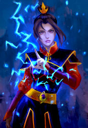 Rule 34 | avatar: the last airbender, avatar legends, azula, azumi lee, black hair, china dress, chinese clothes, dress, earrings, hair ornament, high collar, highres, jewelry, lightning, lips, long hair, looking at viewer, red eyes, solo, standing