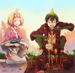 Rule 34 | amaimon, ao no exorcist, artist request, barefoot, blonde hair, blush, bob cut, candy, candy cane, dirt, food, garden, japanese clothes, kimono, lollipop, moriyama shiemi, nature, pointy ears, short hair, sitting, skittles, smile, spiked hair
