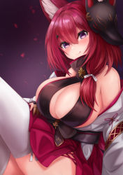 Rule 34 | 1girl, absurdres, animal ears, azur lane, bare shoulders, breasts, center opening, chiyoda (azur lane), high collar, highres, japanese clothes, kimono, large breasts, looking at viewer, mask, mask on head, medium hair, miniskirt, off shoulder, pleated skirt, purple eyes, red hair, red skirt, ryara, side slit, sideboob, skirt, smile, solo, thighhighs, white kimono, white thighhighs