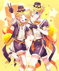 Rule 34 | 1boy, 1girl, balloon, black gloves, black hat, black jacket, black shorts, blonde hair, blue eyes, bow, bowtie, gloves, hat, hat bow, highres, jacket, kagamine len, kagamine rin, kaho 0102, kneehighs, light blush, one eye closed, open clothes, open jacket, short sleeves, shorts, showgirl skirt, skirt, sleeve bow, socks, standing, standing on one leg, star (symbol), star balloon, v, vocaloid, white skirt, white socks, wide sleeves, yellow background, yellow bow