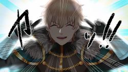 Rule 34 | 1boy, backlighting, black gloves, black shirt, blonde hair, blue background, cape, chain, closed eyes, double v, emotional engine - full drive, emphasis lines, fate/grand order, fate (series), fur-trimmed cape, fur trim, gauntlets, gawain (fate), gloves, gonburu juan, green cape, hair between eyes, hands up, highres, long sleeves, male focus, open mouth, parody, shirt, short hair, smile, solo, sparkle, striped, striped background, v