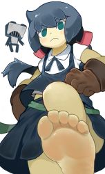 Rule 34 | 1girl, absurdres, barefoot, blue eyes, constanze amalie von braunschbank-albrechtsberger, feet, female focus, foot focus, from below, frown, green eyes, hair ribbon, highres, little witch academia, long hair, looking at viewer, menthako, ribbon, skirt, soles, solo, toes, white background