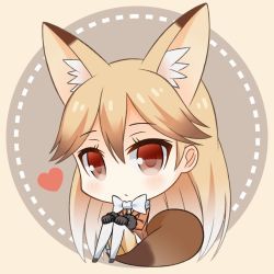 Rule 34 | 10s, 1girl, animal ears, bad id, bad pixiv id, black gloves, brown eyes, brown hair, chibi, commentary request, ezo red fox (kemono friends), fox ears, fox tail, gloves, gradient hair, highres, kemono friends, long hair, looking at viewer, multicolored hair, pleated skirt, sitting, skirt, soba (sobaya1938), solo, tail