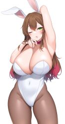 Rule 34 | 1girl, absurdres, animal ears, arm up, armpits, bow, breasts, brown hair, cleavage, commission, covered navel, crossed bangs, curvy, fake animal ears, green hair, highres, huge breasts, leotard, multicolored hair, one eye closed, original, pink hair, playboy bunny, rabbit ears, red hair, simple background, skeb commission, solo, suruga (xsurugax), thick thighs, thighs, two-tone hair, white background, white leotard