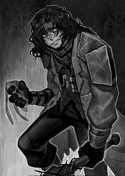 Rule 34 | 1boy, armor, baseball bat, belt, black gloves, black pants, chain, coat, facial hair, gloves, greyscale, heathcliff (project moon), highres, holding, holding mask, iseong, limbus company, long hair, mask, messy hair, monochrome, pants, project moon, rabbit mask, scar, scar on face, shoulder armor, solo, spiked bat, spoilers, stubble
