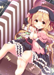 Rule 34 | 1girl, animal ears, animal hat, arm behind head, bare shoulders, barefoot, bead bracelet, beads, black hat, black skirt, blonde hair, blush, bracelet, candy wrapper, commentary request, couch, detached sleeves, dosu (yodosu), feet, frilled hat, frilled skirt, frills, from above, futaba anzu, hair between eyes, hair ribbon, hair tie, hat, hugging object, idolmaster, idolmaster cinderella girls, jewelry, layered skirt, long hair, looking at viewer, low twintails, lying, neck ribbon, on back, on couch, parted lips, rabbit-shaped pillow, rabbit ears, rabbit hat, red ribbon, ribbon, shirt, skirt, sleeveless, sleeveless shirt, smirk, soles, solo, striped, stuffed animal, stuffed rabbit, stuffed toy, twintails, v, v-shaped eyebrows, vertical stripes, very long hair, white shirt, yellow eyes