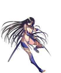 Rule 34 | 1girl, armor, armored boots, asafimu, azami (sennen sensou aigis), black hair, boots, breasts, eyepatch, fishnets, full body, green eyes, high heels, highres, holding, holding sword, holding weapon, large breasts, long hair, looking at viewer, mole, mole under eye, official art, parted lips, revealing clothes, sennen sensou aigis, solo, sword, transparent background, very long hair, weapon