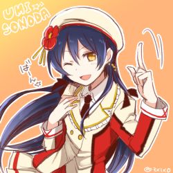 Rule 34 | 1girl, black neckwear, blue hair, character name, commentary request, earrings, finger gun, hair between eyes, hat, jewelry, kamekoya sato, long hair, looking at viewer, love live!, love live! school idol project, one eye closed, open mouth, orange background, simple background, smile, solo, sonoda umi, sore wa bokutachi no kiseki, yellow eyes