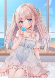 Rule 34 | 1girl, ahoge, blue dress, blue eyes, blush, brown hair, child, cloud, dress, eating, food, highres, indoors, long hair, looking at viewer, nufucha, original, popsicle, sitting, sky, solo, sundress, two side up, window