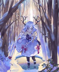 Rule 34 | 1girl, absurdres, antlers, black mittens, black pantyhose, coat, earmuffs, forest, full body, fur trim, grey eyes, highres, horns, long hair, mittens, nature, original, outdoors, own hands together, pantyhose, pixerite, scarf, silver hair, smile, snow, snowing, snowman, solo, tree, white coat, white scarf