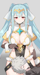 Rule 34 | 1boy, 1girl, absurdres, blue hair, blush, breasts, character request, cleavage, covered navel, epic seven, gloves, gradient background, grey background, grey hair, highres, large breasts, long hair, looking at another, one eye covered, red eyes, roana (epic seven), serin199, smile, standing, twintails