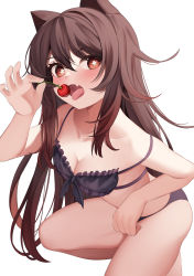 Rule 34 | 1girl, absurdres, animal ears, bikini, black bikini, blush, bra, breasts, cat ears, cherry, cleavage, commentary request, empty (mn3k yo), fang, food, frilled bikini, frilled bra, frills, fruit, genshin impact, hand up, highres, hu tao (genshin impact), long hair, looking at viewer, navel, orange eyes, panties, revision, simple background, skin fang, strap slip, swimsuit, symbol-shaped pupils, thighs, tongue, tongue out, underwear, very long hair, white background