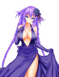 Rule 34 | 1girl, absurdres, bare shoulders, blue eyes, blush, braid, breasts, clothes pull, commentary request, dress, dress pull, elbow gloves, flower, gloves, hair flower, hair ornament, highres, kyou (hibikit), large breasts, long hair, looking at viewer, neptune (series), panties, power symbol, power symbol-shaped pupils, purple dress, purple gloves, purple hair, purple heart (goddesses&#039; promise), purple heart (neptunia), side slit, simple background, smile, solo, string panties, symbol-shaped pupils, twin braids, twintails, underwear, very long hair, white background