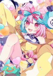Rule 34 | 1girl, bellibolt, blue hair, bow-shaped hair, character hair ornament, creatures (company), game freak, gen 1 pokemon, hair ornament, highres, iono (pokemon), jacket, long hair, looking at viewer, magnemite, multicolored hair, nintendo, open mouth, oversized clothes, pink hair, pokemon, pokemon (creature), pokemon sv, sharp teeth, shirt, single leg pantyhose, sleeveless, sleeveless shirt, sleeves past fingers, sleeves past wrists, smile, teeth, to camellia, two-tone hair, yellow jacket