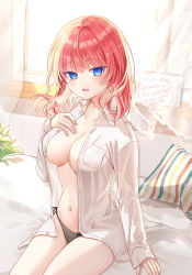 Rule 34 | 1girl, 723/nanahumi, backlighting, bad id, bad pixiv id, black panties, blue eyes, breasts, cleavage, collared shirt, commentary request, curtains, day, dress shirt, go-toubun no hanayome, hand on own chest, hand up, indoors, long hair, long sleeves, looking at viewer, medium breasts, nakano nino, navel, no bra, open clothes, open shirt, panties, pillow, pixiv id, red hair, shirt, side-tie panties, sitting, sleeves past wrists, solo, sunlight, transparent, twitter username, underwear, white shirt, window