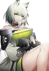 Rule 34 | 1girl, absurdres, animal ear fluff, animal ears, arknights, black collar, breasts, cat ears, character doll, coat, collar, commentary, doctor (arknights), dress, feet out of frame, green dress, green eyes, green hair, highres, holding, holding stuffed toy, kal&#039;tsit (arknights), knees up, korean commentary, large breasts, looking at viewer, material growth, ness (pjw0168), off-shoulder dress, off shoulder, open clothes, open coat, oripathy lesion (arknights), short hair, simple background, sitting, solo, stuffed toy, thighs, white background, white coat