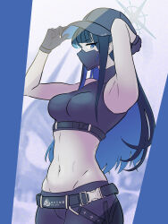 Rule 34 | 1girl, adjusting clothes, adjusting headwear, armpits, arms up, bare arms, bare shoulders, baseball cap, belt, black belt, blue archive, blue eyes, blue gloves, blue hair, blue pants, blue shirt, blunt bangs, breasts, commentary, cowboy shot, crop top, gloves, grey hat, groin, hat, highres, large breasts, long hair, looking at viewer, mask, midriff, mouth mask, navel, pants, reitowikan, saori (blue archive), shirt, sidelocks, sleeveless, sleeveless shirt, solo, standing, stomach, very long hair