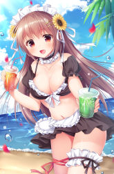 Rule 34 | 1girl, :d, apron, beach, bendy straw, blue sky, breasts, bridal garter, brown hair, brown skirt, cleavage, cloud, cloudy sky, collarbone, commentary request, cup, day, disposable cup, drink, drinking straw, flower, frilled apron, frills, fujikura ryuune, hair between eyes, hair flower, hair ornament, hair ribbon, hairclip, highres, holding, holding cup, horizon, ice, ice cube, large breasts, long hair, maid, maid headdress, ocean, open mouth, original, outdoors, pleated skirt, puffy short sleeves, puffy sleeves, red eyes, ribbon, sand, short sleeves, skirt, sky, smile, solo, very long hair, waist apron, water, white apron, white ribbon, yellow flower