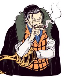 Rule 34 | 1boy, ^ ^, black hair, closed eyes, coat, coat on shoulders, crocodile (one piece), closed eyes, gimaug, hair slicked back, highres, hook hand, male focus, one piece, scar, scar on face, smile, smoking, solo, vest