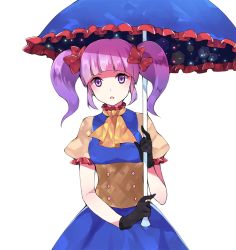 Rule 34 | 1girl, black gloves, blue dress, blunt bangs, bow, bustier, dress, gloves, hair bow, holding, looking at viewer, original, parted lips, peachpii, puffy short sleeves, puffy sleeves, purple eyes, purple hair, red bow, short hair, short sleeves, solo, transparent background, twintails, umbrella, upper body