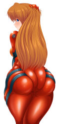 Rule 34 | 1girl, ass, ass focus, blue eyes, blush, bodysuit, breasts, brown hair, butt crack, curvy, embarrassed, from behind, highres, huge ass, legs together, lips, long hair, looking at viewer, looking back, medium breasts, neon genesis evangelion, pixiv1478062, plugsuit, red bodysuit, shiny clothes, simple background, skin tight, skindentation, solo, souryuu asuka langley, tsundere, white background